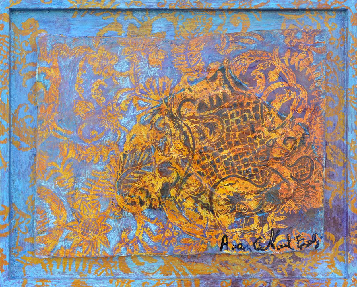 D'or et d'Azur (27x42cm), encre, pastels sur affiches maroufflées sur bois et cadre, 2016