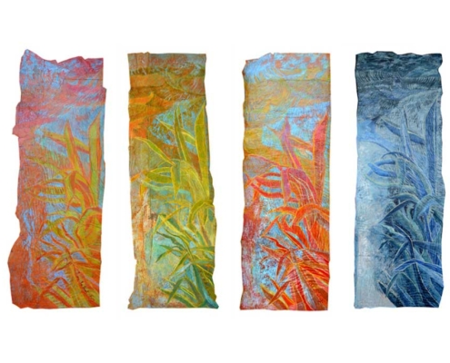 Roseaux (163x60 cm) Glycéro, oeufs et pastel sur affiches, 2014