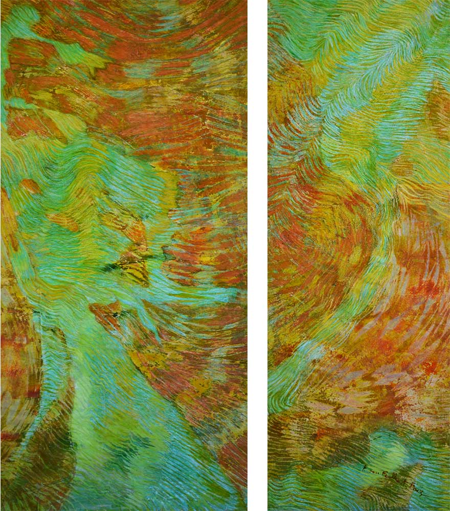 Mascaret 1 et 2 (165x80 cm) œufs, encre et pastel sur affiches, 2013