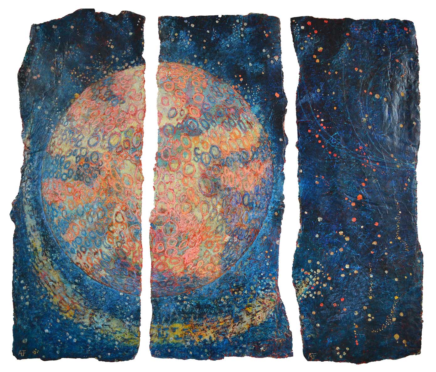 Commette Lunaire 3x (128x47 cm) œuf, gouache, pastel sur affiches stratifiées