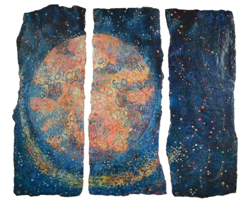 Commette Lunaire 3x (128x47 cm) œuf, gouache, pastel sur affiches stratifiées
