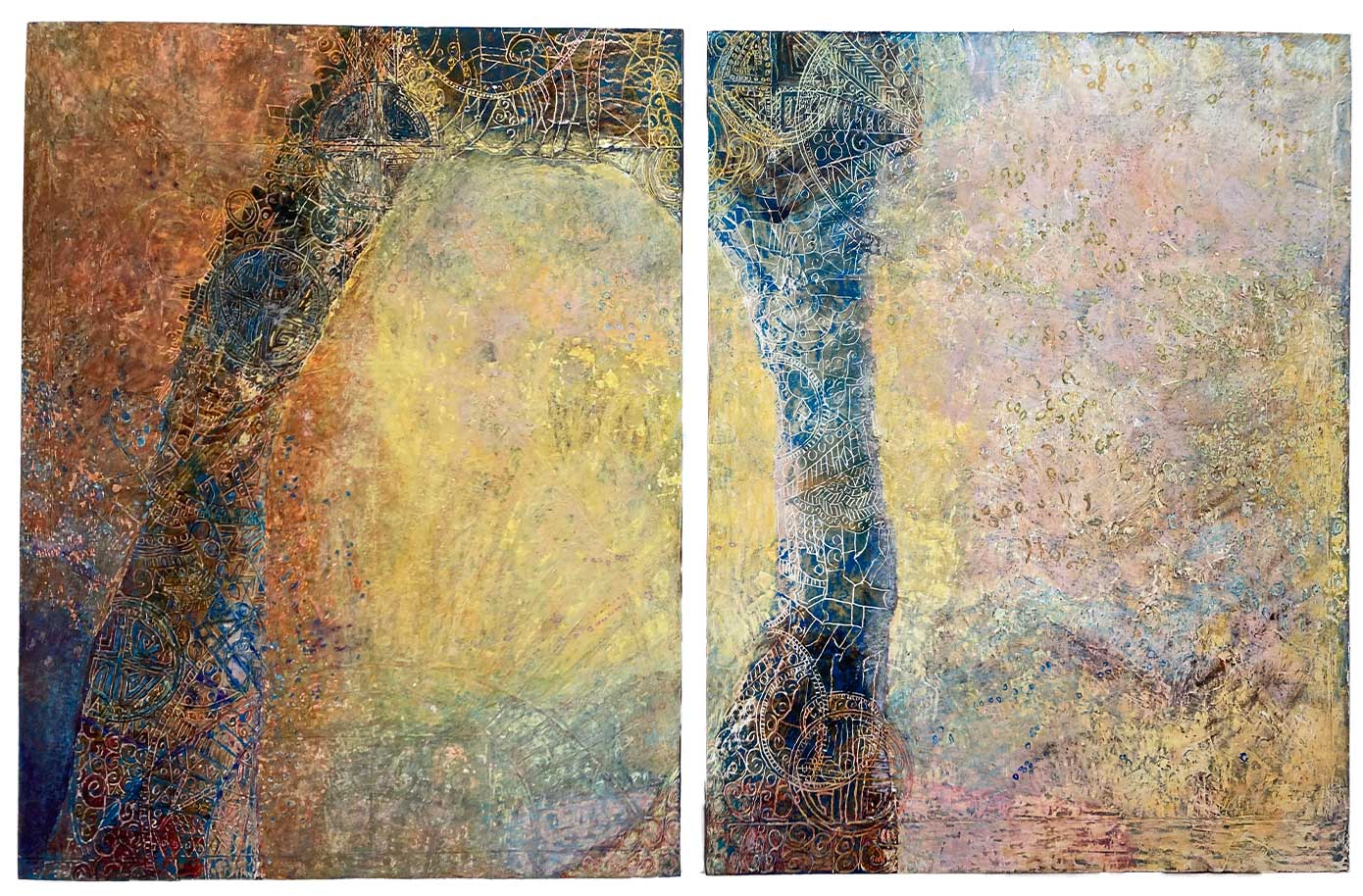 Passage (dyptique 150x230 cm) œuf gouache, encre et pastel sur affiches stratifiées