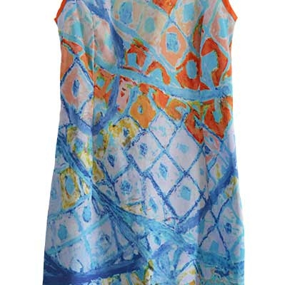 La robe (taille xs) impression par sublimation sur tricotex à partir de l’imprimé du vitrail Chœur 2